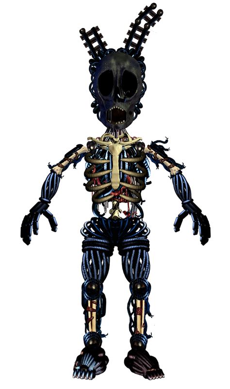 The fur is worn down in many places to reveal the metal endoskeleton. . Springtrap endoskeleton